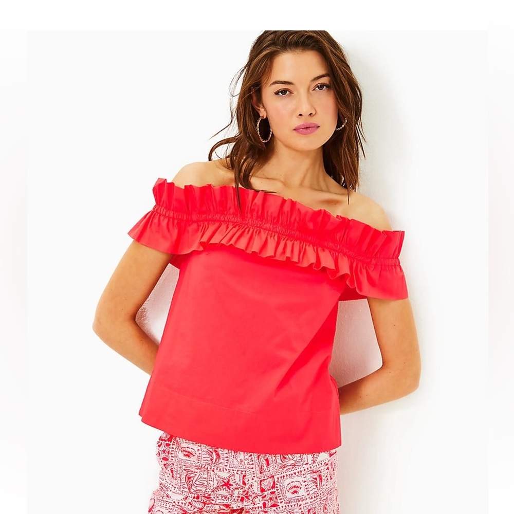 Lilly Pulitzer Off Shoulder Ruffle Blouse NWT Coral Red Size Large - Picture 4 of 9